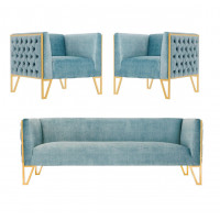 Manhattan Comfort 3-SS548-OB Vector 3-Piece Ocean Blue and Gold Sofa and Armchair Set